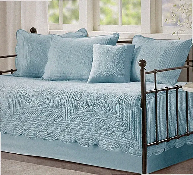COTTAGE BLUE 6pc DAYBED QUILT SET : FRENCH MATELASSE COVERLET TILE DAY BED