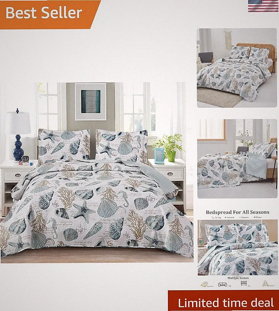 Summer Beach Bedspreads Set Seashell Conch Coverlet Sets Full/Queen Size,3Pcs Li
